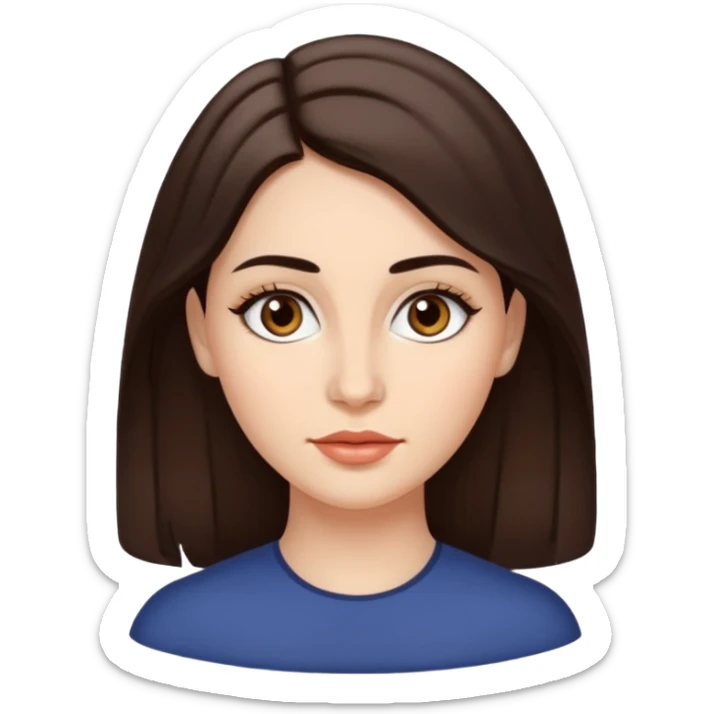 A woman emoji with fair skin, slightly wavy dark brown hair parted in the middle, an oval-shaped face, arched dark eyebrows, almond-shaped brown eyes, a small straight nose, and full lips. sticker