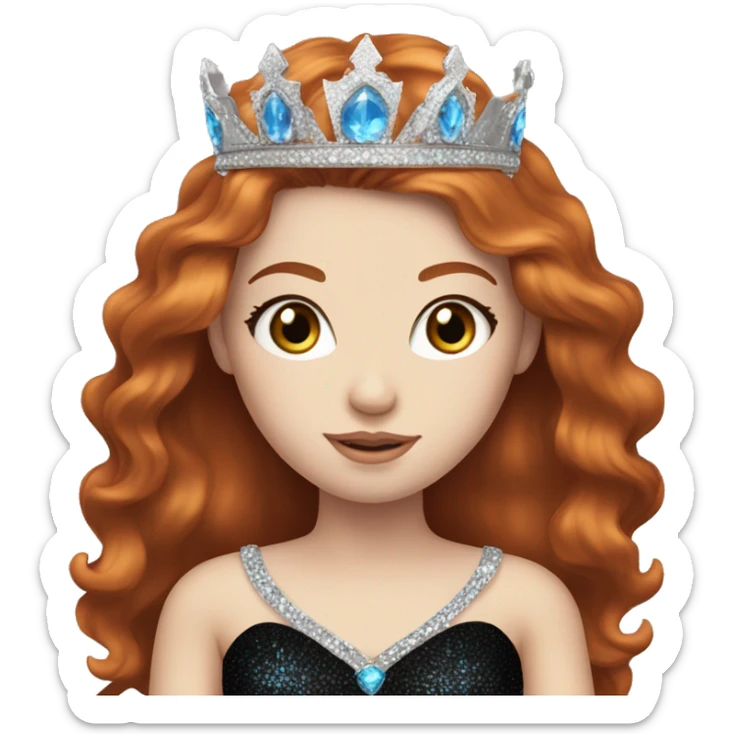 Beautiful girl with redhair, pale skin and bright blue eyes. She wears a sparkly black dress and a silver crown  sticker