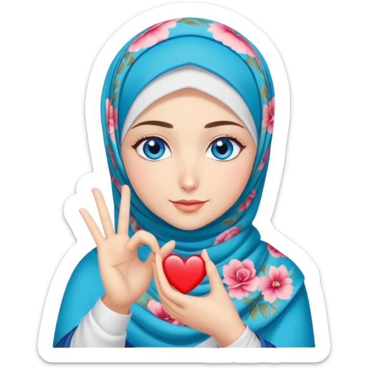 Turkish beautiful finish Konya two girls blue eyes with floral hijab and making love heart with hand gesture sticker