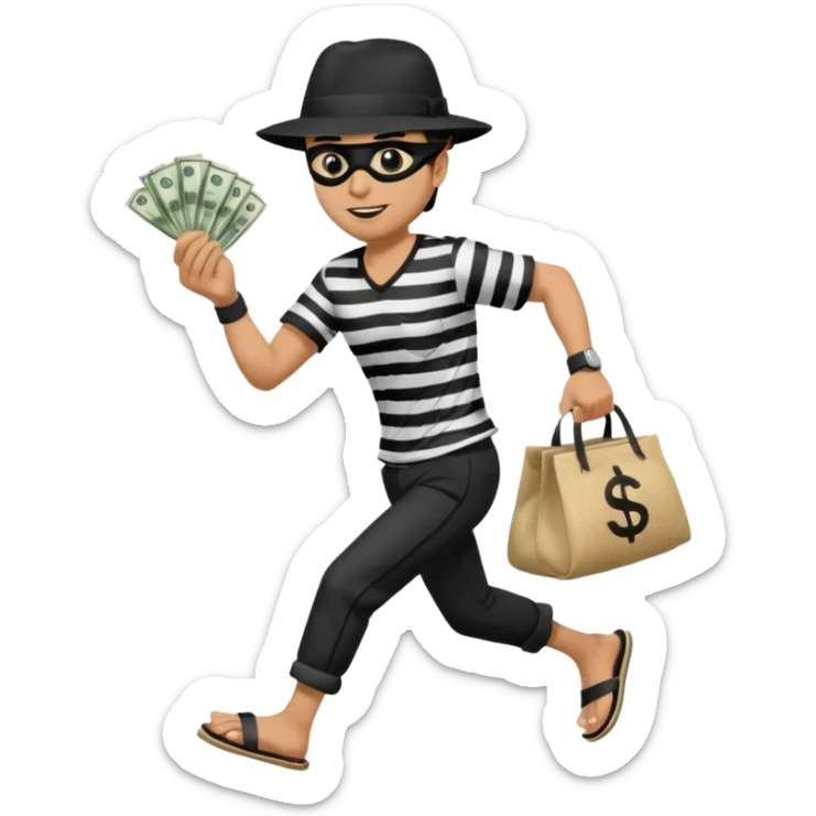 Make a man wear a black pant and he shirt is balck line and white line and wear a black hat and he holding a money bag and he running he wear a black eye thing no money in the Left hand and he yellow and the money bag in the right he wear a flip flop like this is Money bag 💰 sticker