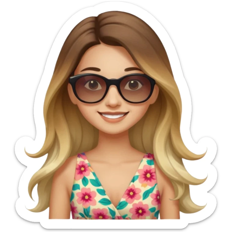 young fashionable woman, long ombre hair, wearing a floral dress and sunglasses, smiling sticker