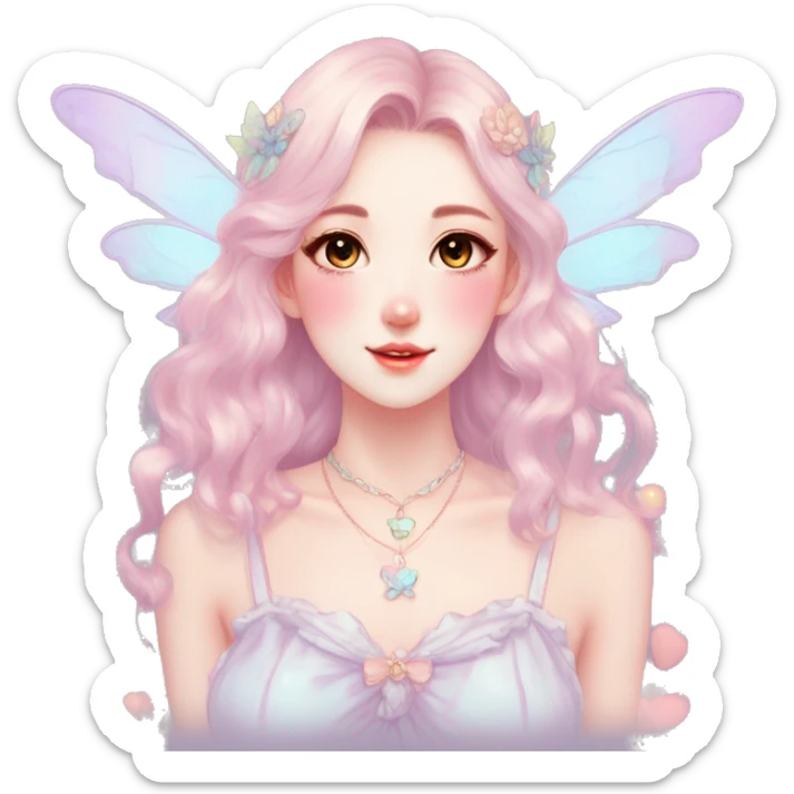 Gorgeous pastel anime style lady with blushing face and fairy wings necklace cottagecore fairycore pastelcore colorful pearly romantic simplistic aesthetic trending style sticker