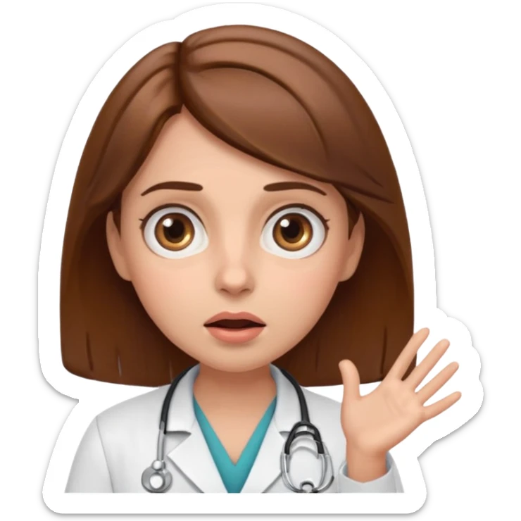 Surprised female doctor emoji with brown hair, both hands on her cheeks, big expressive eyes, clean emoji style sticker