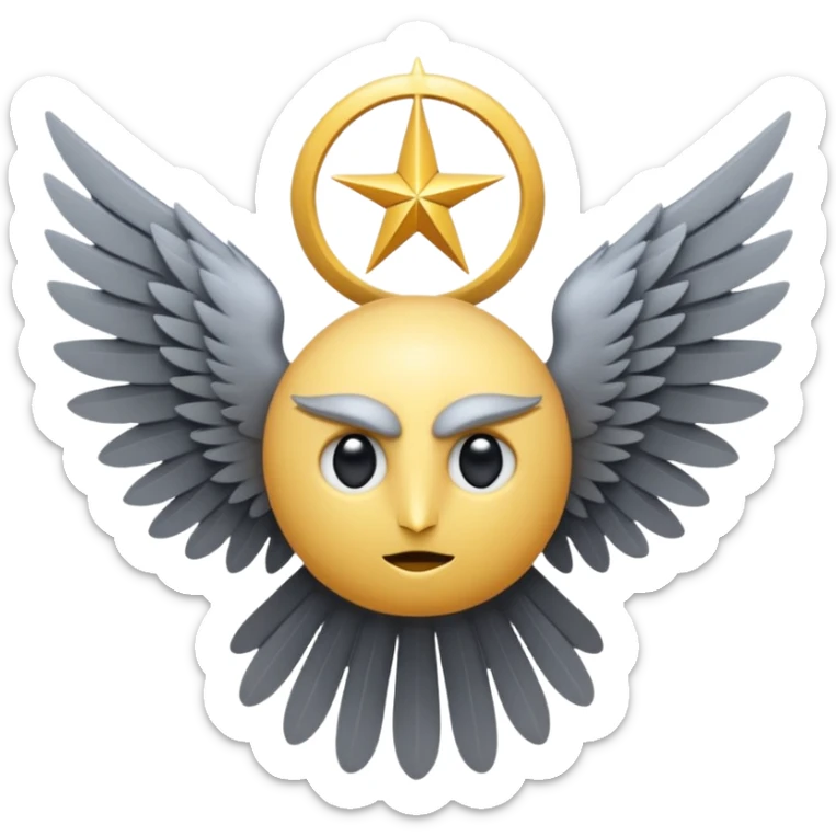 A non-humanoid emoji in iOS style, shaped like a symmetrical star of six gray feathered wings, no human face, no head, no mouth or nose, only a single large eye in the center, surreal and celestial, resembling a biblical seraphim sticker