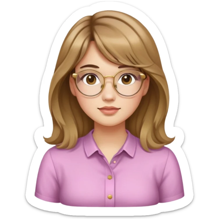 young adult woman with light skin, round face, prominent cheeks, medium plump body, long light brown hair with golden highlights, voluminous and wavy, long bangs over eyebrows, large octagonal glasses with thin golden or light pink frame, casual dark shirt sticker