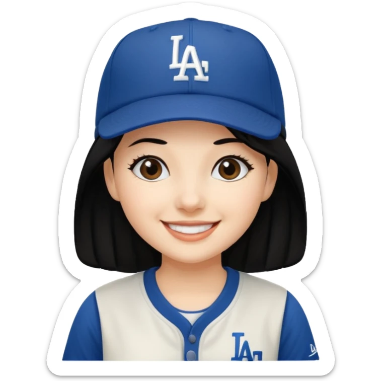 Can you make an emoji of a girl with fair skin with black hair wearing an LA dodger hat sticker