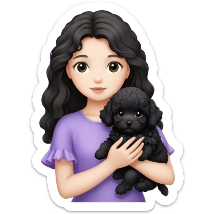 A long-haired girl holds a black maltipoo puppy in the lavender flowers sticker
