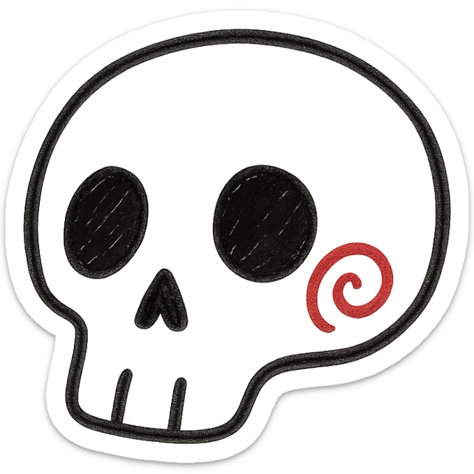 Add a red spiral to the cheek of the skull, keep the hand drawn style with sketchy lines, no fill, preserve transparent background. sticker