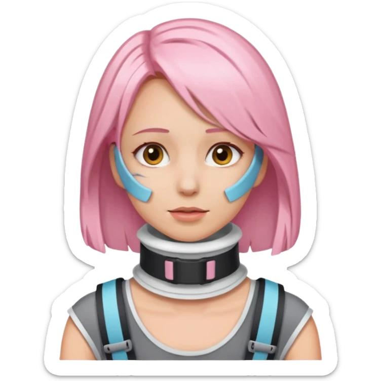 Woman with light pink shoulder length hair and neck brace sticker