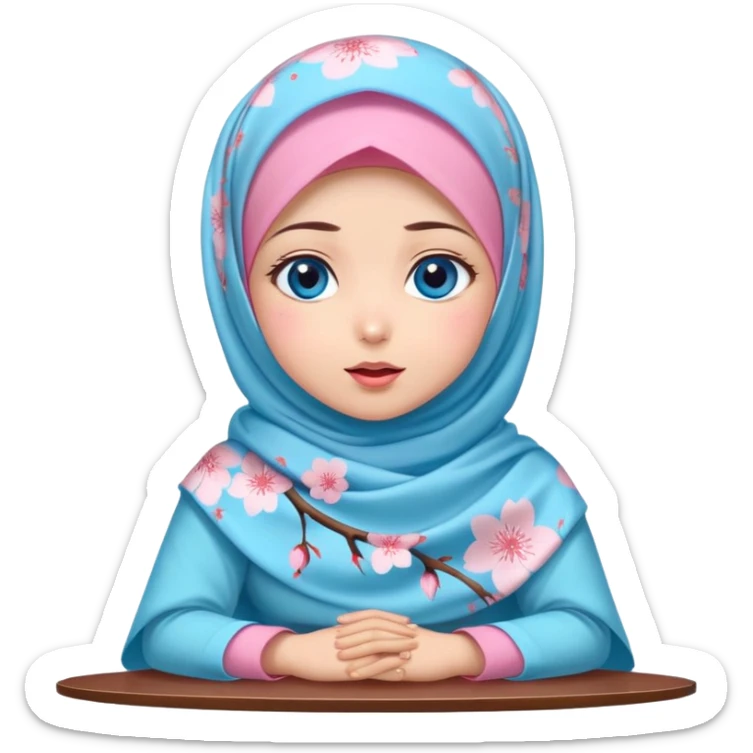 Turkish beautiful finish Konya girl blue eyes with cherry blossom floral pink and baby blue hijab islamic dress and with yummy Drooling face on the table sticker