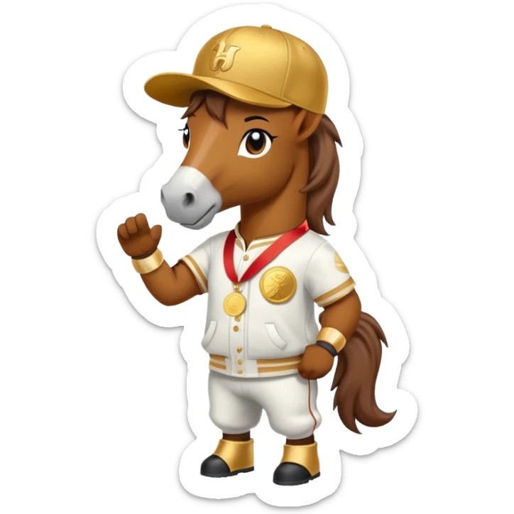 friendly anthropomorphised horse in a hip-hop outfit, wearing a gold medal and a baseball hat sticker