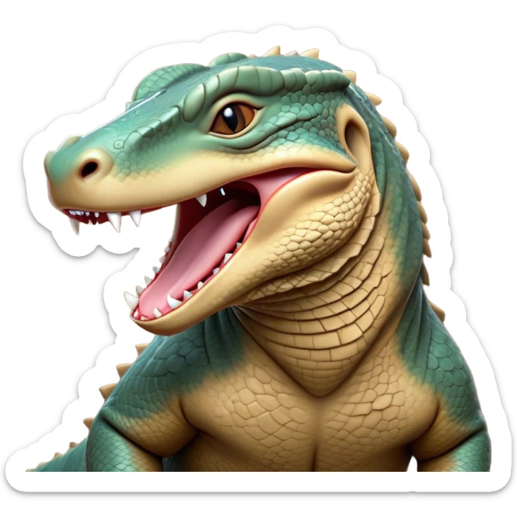 Cinematic Realistic Cute Yawning Komodo Dragon Portrait Emoji, Head tilted slightly with a dramatic, wide-open yawn, showcasing a soft, rugged scaled hide with subtly drooping features and half-closed, drowsy eyes rendered in authentic detail, high shine, relaxed yet expressive, styled with a dash of natural desert charm, soft glowing outline, capturing the essence of a sleepy yet affectionate Komodo dragon that appears ready to stretch out for a deep, restful nap! sticker