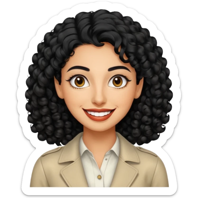 30 year old iranian woman very short curly black hair, big brown eyes, tanned skin, big smile, white teeth, pretty, stylish sticker