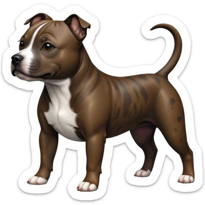 cinematic-[Staffordshire bull terrier]-realistic-full-body-standing-emoji,-tail-resting-loosely-beside-its-paws,-head-tilted-dramatically, -sleek-[dark solid brindle]-fur,-simplified-yet-realistic-focused-features,-highly-detailed,-glowing-with-an-almost-sarcastic-glow sticker