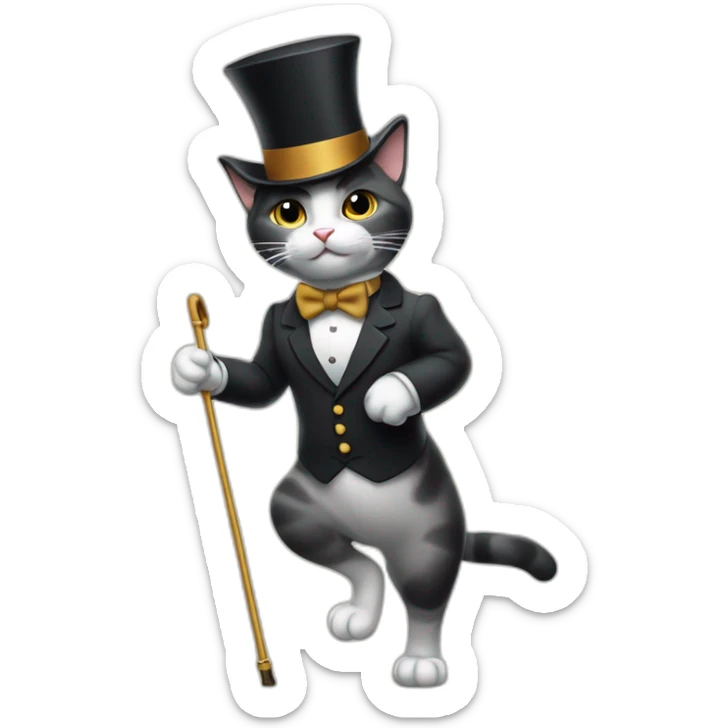 a cat in a top hat and with a bow tie around his neck walks on his hind legs leaning on an expensive cane sticker