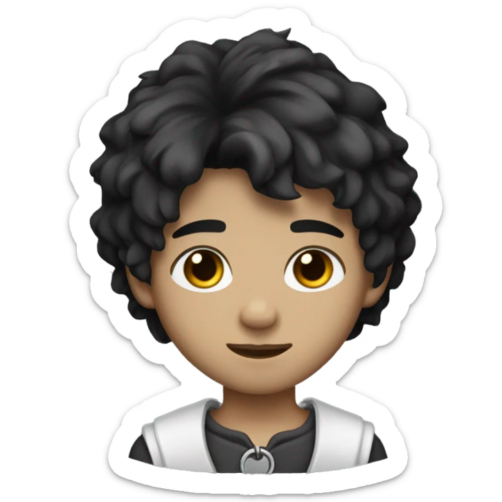 A boy with a wolf cut, dark black hair, white very skin, brown eyes and somewhat sharp eyes, with an earring in his left ear and a chain around his neck. sticker