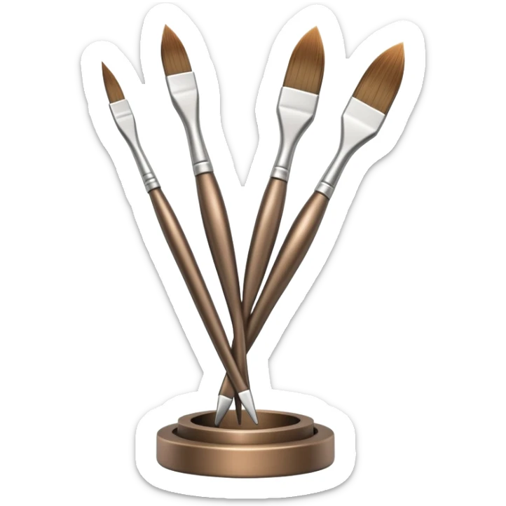 A paintbrush that transforms into a human metal silhouette sculpture, symbol of artistic identity, with a bronze or silver metallic finish sticker