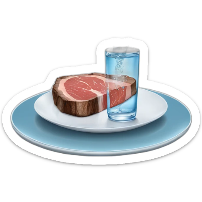 glass of water suspended horizontally in the air above a slice of rare steak on a plate, the water pouring out onto the top of the steak sticker