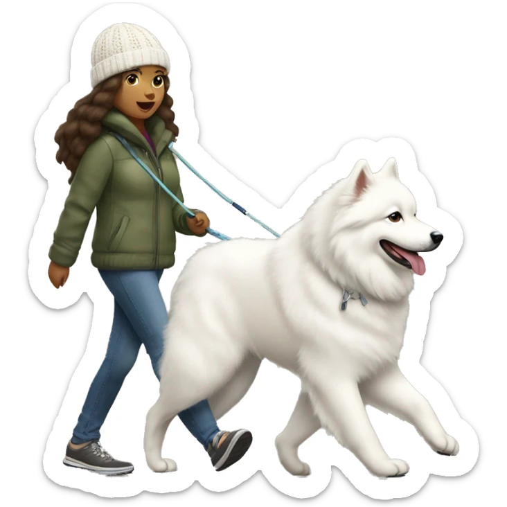 full body view of brunette female with light medium skin to e with knit hat walking a samoyed on a leash sticker