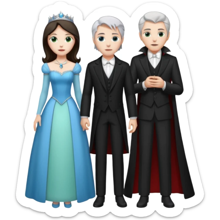 A tall vampire man with gray hair and blue eyes standing by a princess with light brown hair and green eyes sticker