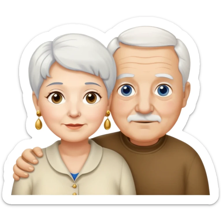 Una abuela italiana blanca de ojos marrones con cabello corto blanco y aretes de oro, junto a su esposo de ojos azules abuelo de piel blanca italiano un poco gordo con pelo blanco corto  sticker