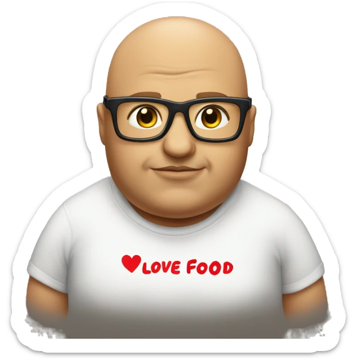 Simon fat bald head glasses wearing a T-shirt that says I love food on it sticker