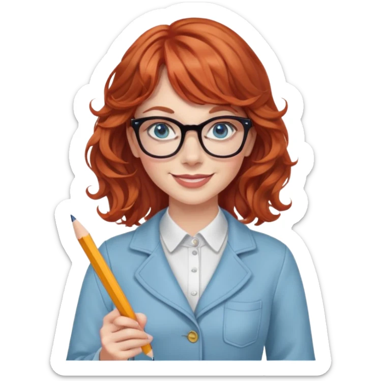 redheaded woman with wavy hair and bangs, blue eyes, glasses, chic outfit, holding a pencil, smiling sticker