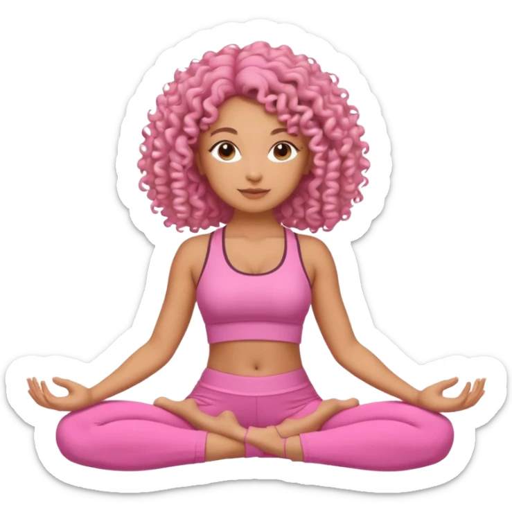 Uma mulher de cabelo cacheado, usando roupa de yoga rosa, em uma posição de yoga bonitinha sticker