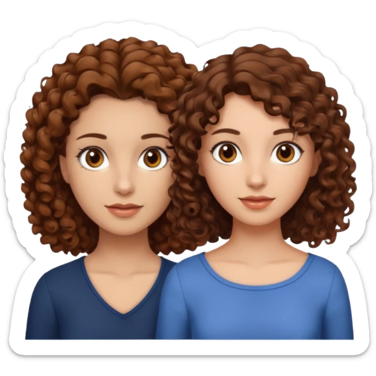 A woman with brown curly hair and brown eyes next to a woman with a slightly lighter shade of brown hair but the same brown eyes sticker