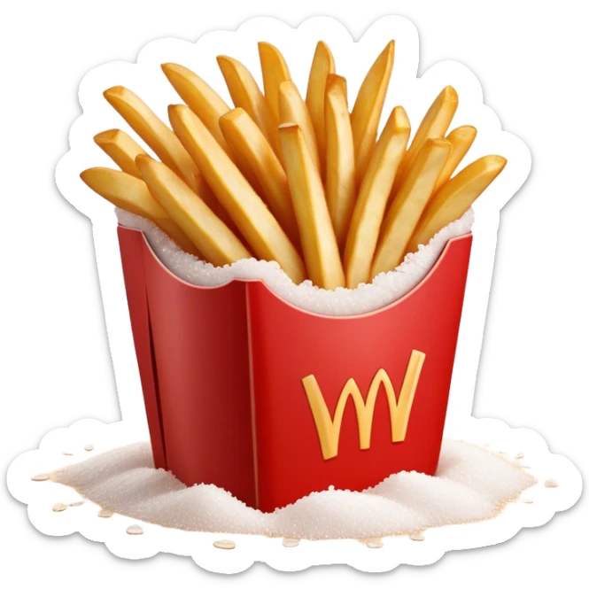 Cinematic crispy golden French fries, piled high, sprinkled with salt, served in a red carton, warm and inviting, rich golden hues, perfectly crunchy and delicious. sticker