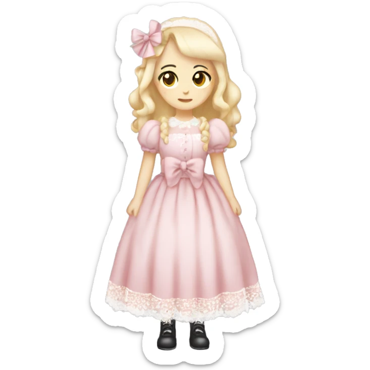 full body, girl standing, pale skin, long blonde hair, wearing lolita pink dress with white lace, wearing a pretty white bow on top of her head sticker