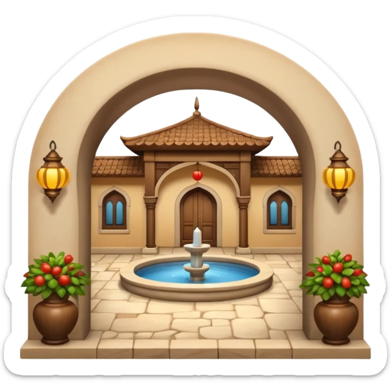 3D Apple-style emoji of a traditional Turkish han with courtyard, arches, fountain, wooden doors, and hanging lanterns. Rounded, glossy, smooth, soft shadows, white background.







 sticker