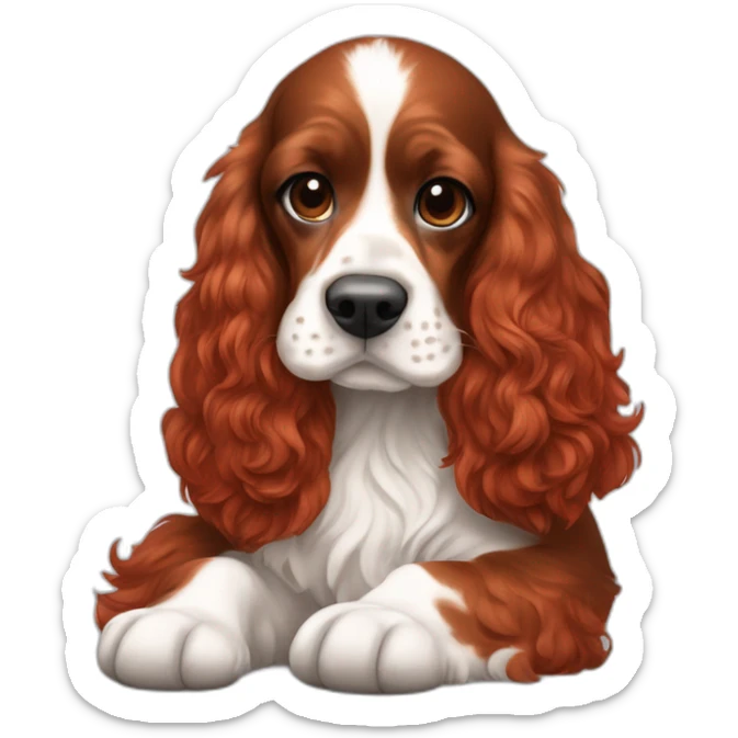 Red velvet hair woman in white singlet sitting tricolor english cocker spaniel on her lap sticker