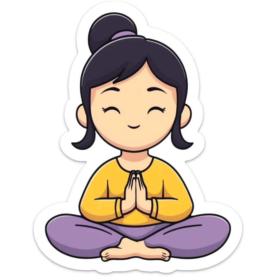 White girl with black hair in meditation pose, peaceful self care wellness moment sticker
