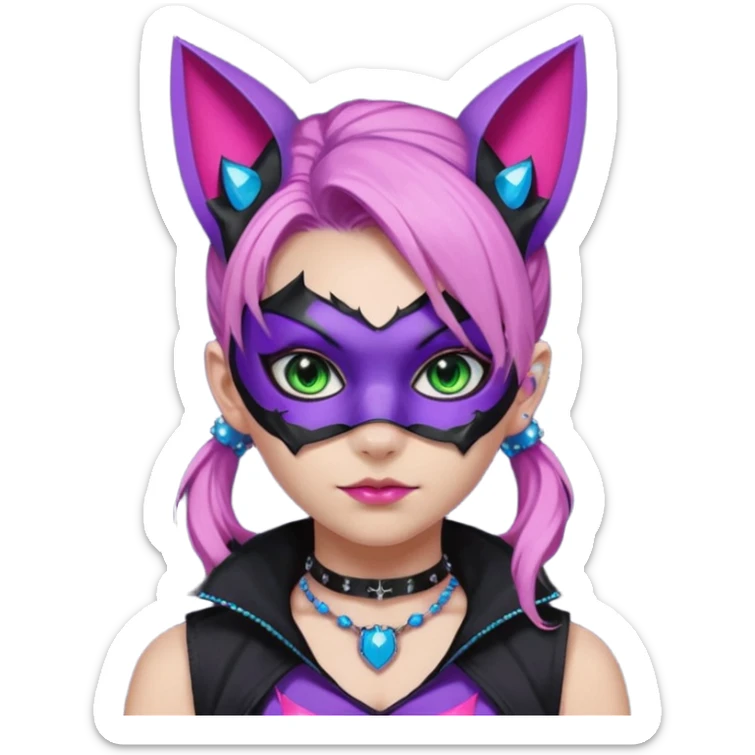 Girl with green eyes, wearing a bat mask with pink stones around her eyes, her hair tied in a ponytail, the hair is purple with blue and pink streaks, with black cat ears with pink stones around, wearing a black shirt that covers the neck, and a sleeveless blue jacket, and a necklace of pink stones sticker