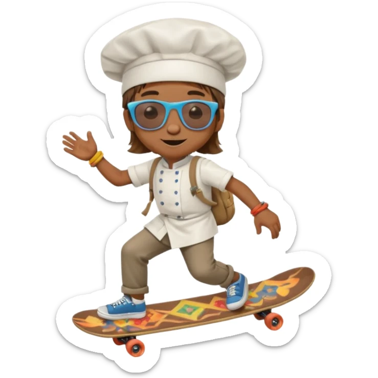 ["A happy boy with brown skin, straight hair, wearing a chef hat and sunglasses, dressed in hippie fashion, is skateboarding while holding a backpack."] sticker
