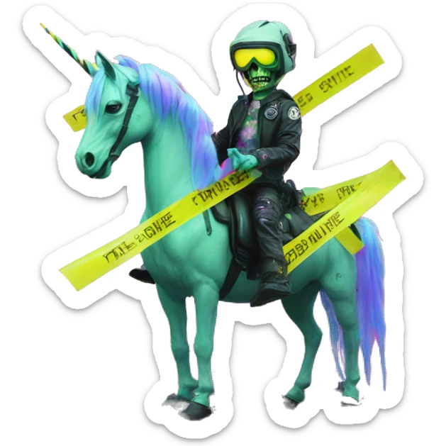 .Zombie_ Vaporwave black holographic oilslick zombie unicorn yellow caution tape and a vinyl sticker