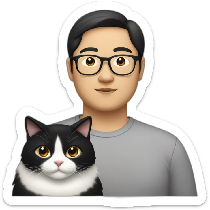 fat tan bespectacled Asian Man with black neck length hair and a black and white cat sticker