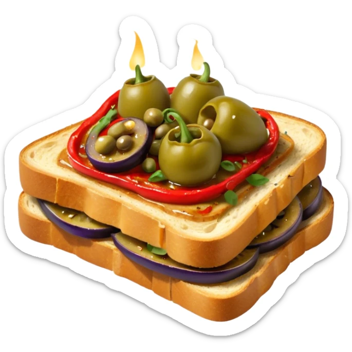 Catalan toast with roasted red peppers, eggplant, anchovies and green olives on top, drizzled with olive oil sticker
