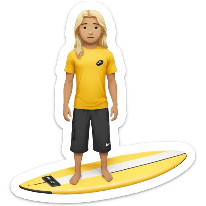 Surfer with long blond hair, yellow t-shirt with black Nike logo in center of chest, black baggy sweatpants. On a yellow and white board sticker