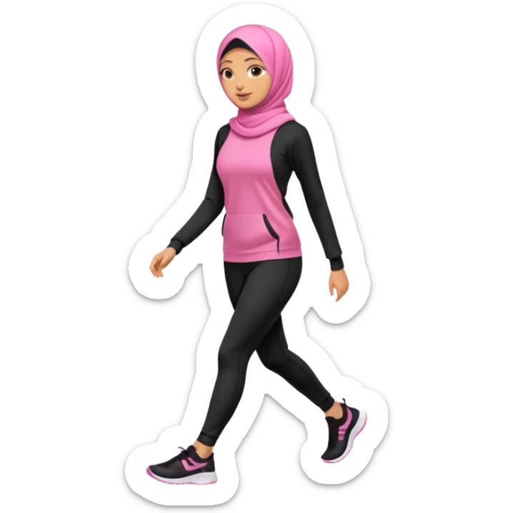 tan skin, hijabi young women in pink hijab, going for walk in black active wear clothing full body, walking  sticker