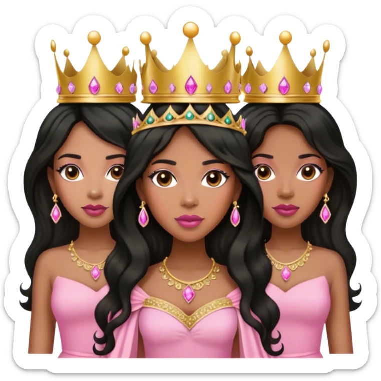 Crown TONE 4 black women with long WAVY hair pink dress pink crown facing forward black hair middle age adult woman gold gems in crown gold earrings  sticker