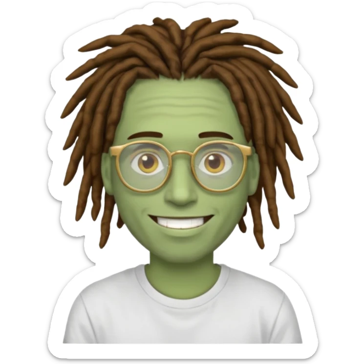 man with brown dreads white tee golden eyes light green skin glasses and white smile sticker