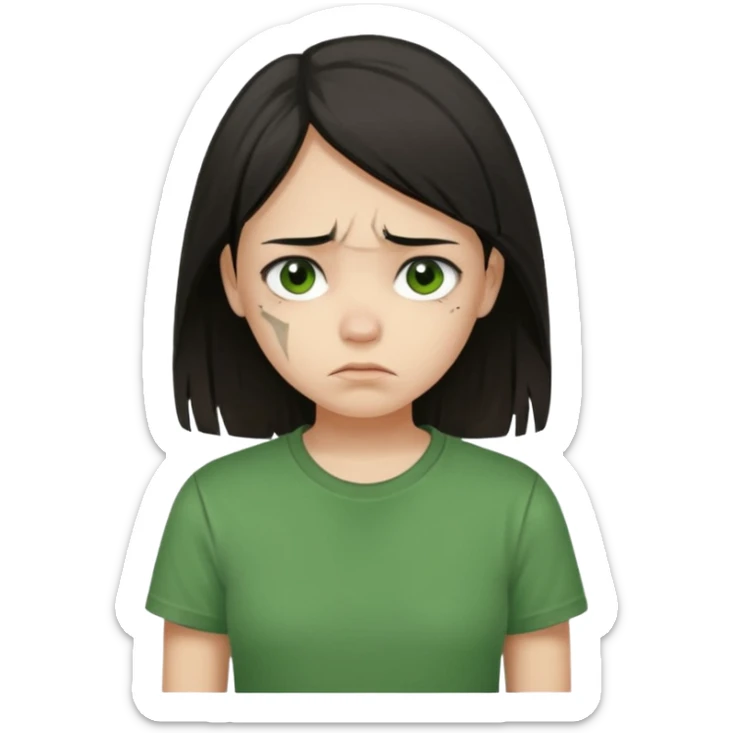 Young girl with straight, dark hair, damaged and unattractive, wearing a green T-shirt, with a sad and subdued expression. sticker