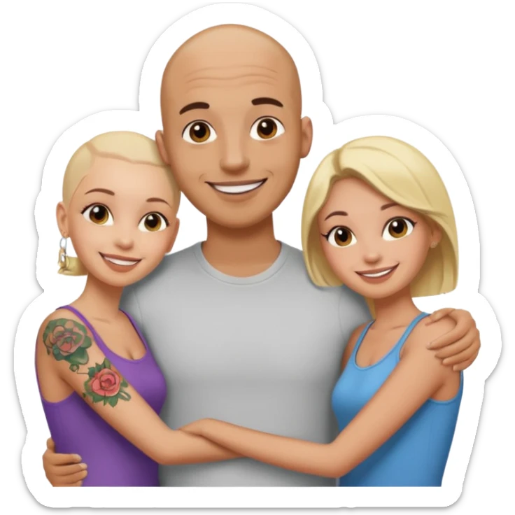 throuple tatted bald boyfriend with blonde girl friend and brunette girlfriend sticker