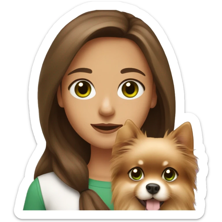Girl with long brown hair and green eyes holding a Pomeranian dog sticker