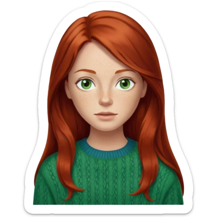 woman with long dark auburn red hair that is mostly straight but has slight waves to it. grey blue eyes. some freckles. wearing a Swedish style sweater that is green.  sticker