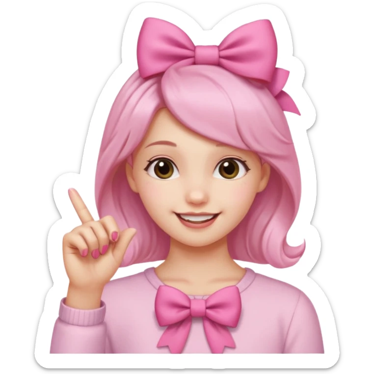 Chica sonriendo con un lazo rosa en la cabeza y mordiendose la punta del dedo indice con delicadeza y la otra mano que no salga sticker