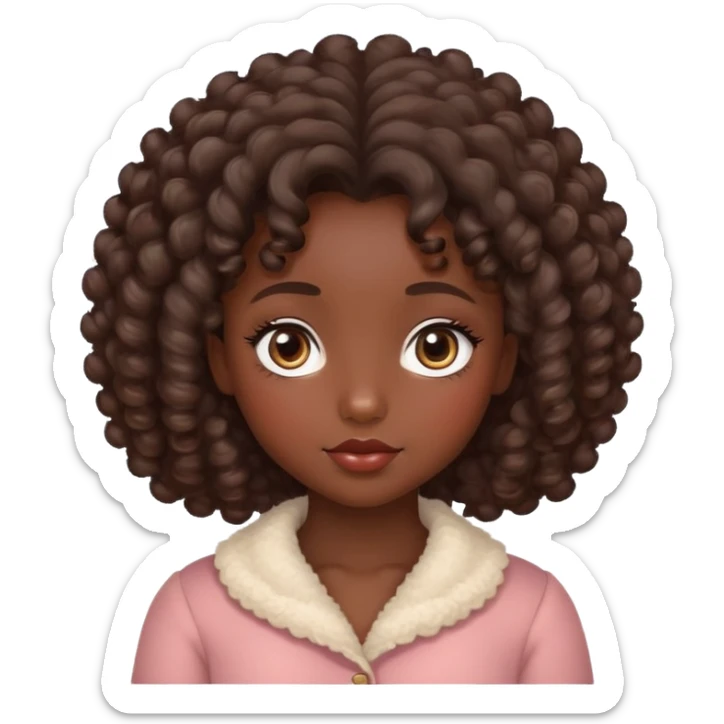 Parda, cabelo cacheado e volumoso, olhos grandes e puxados, bochechas rosadas, rosto inocente  sticker