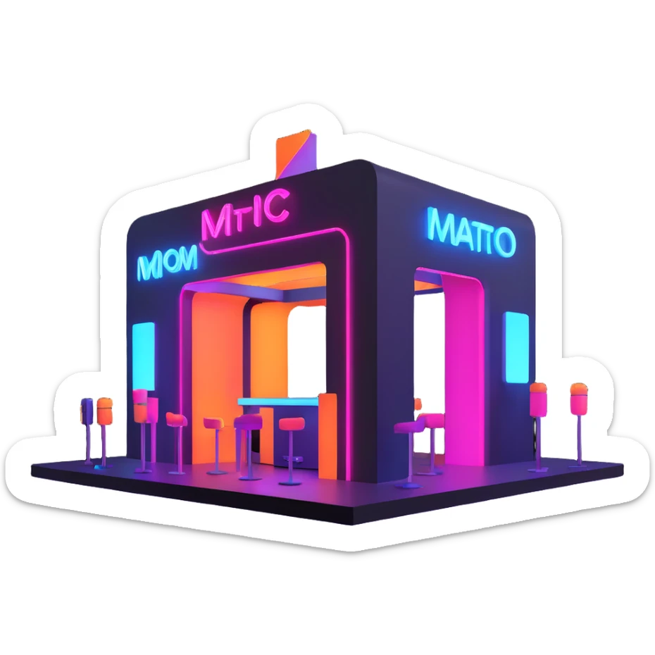 3D festival booth, neon lights, modern design, sleek and futuristic, vibrant crowd sticker